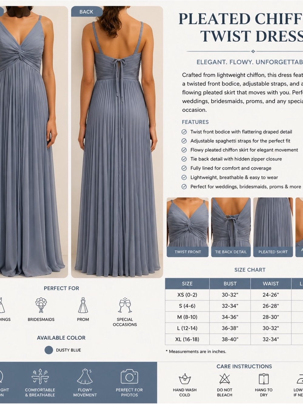 Dusty Blue Pleated Chiffon Twist Maxi Dress